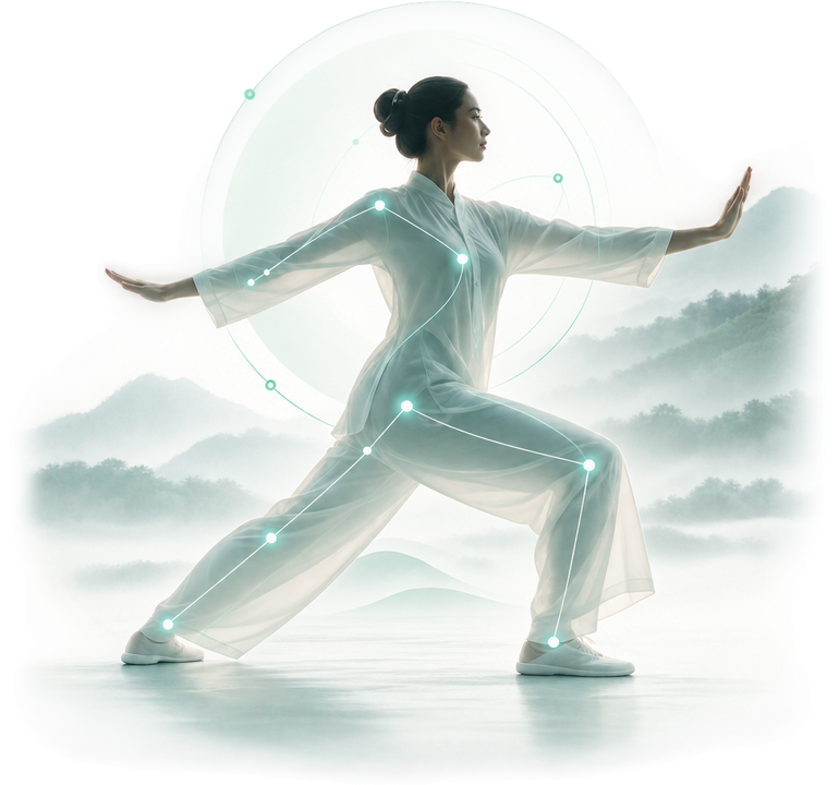 Illustration: a Tai Chi practitioner in a wide stance, tracked joints drawn as glowing points