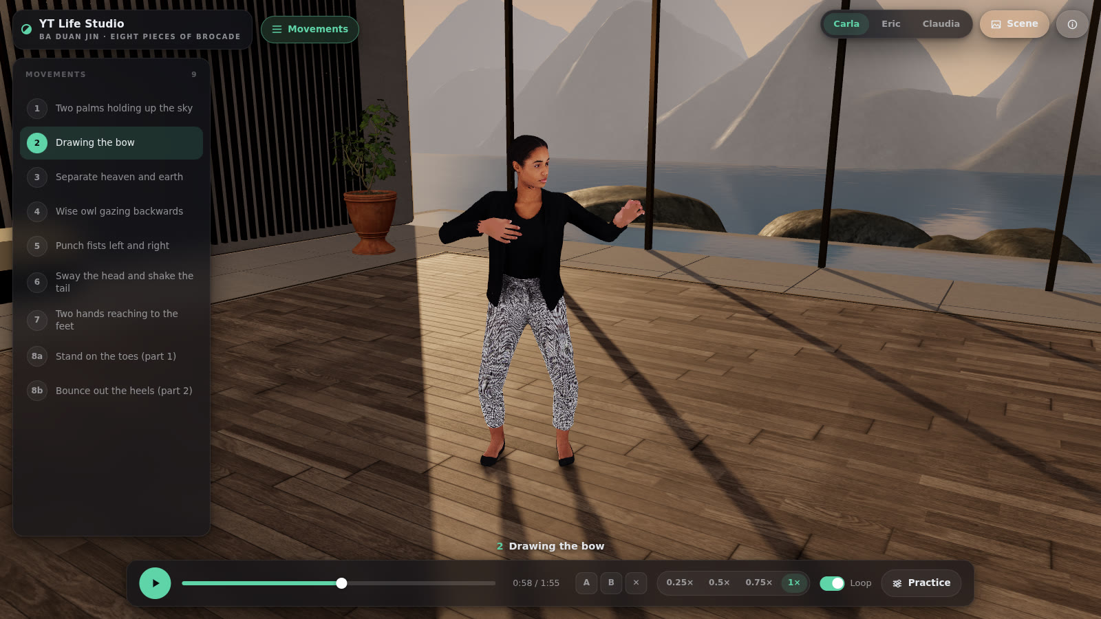 The practice studio: a movement list on the left, avatar and scene choices along the top, playback and A/B loop controls along the bottom