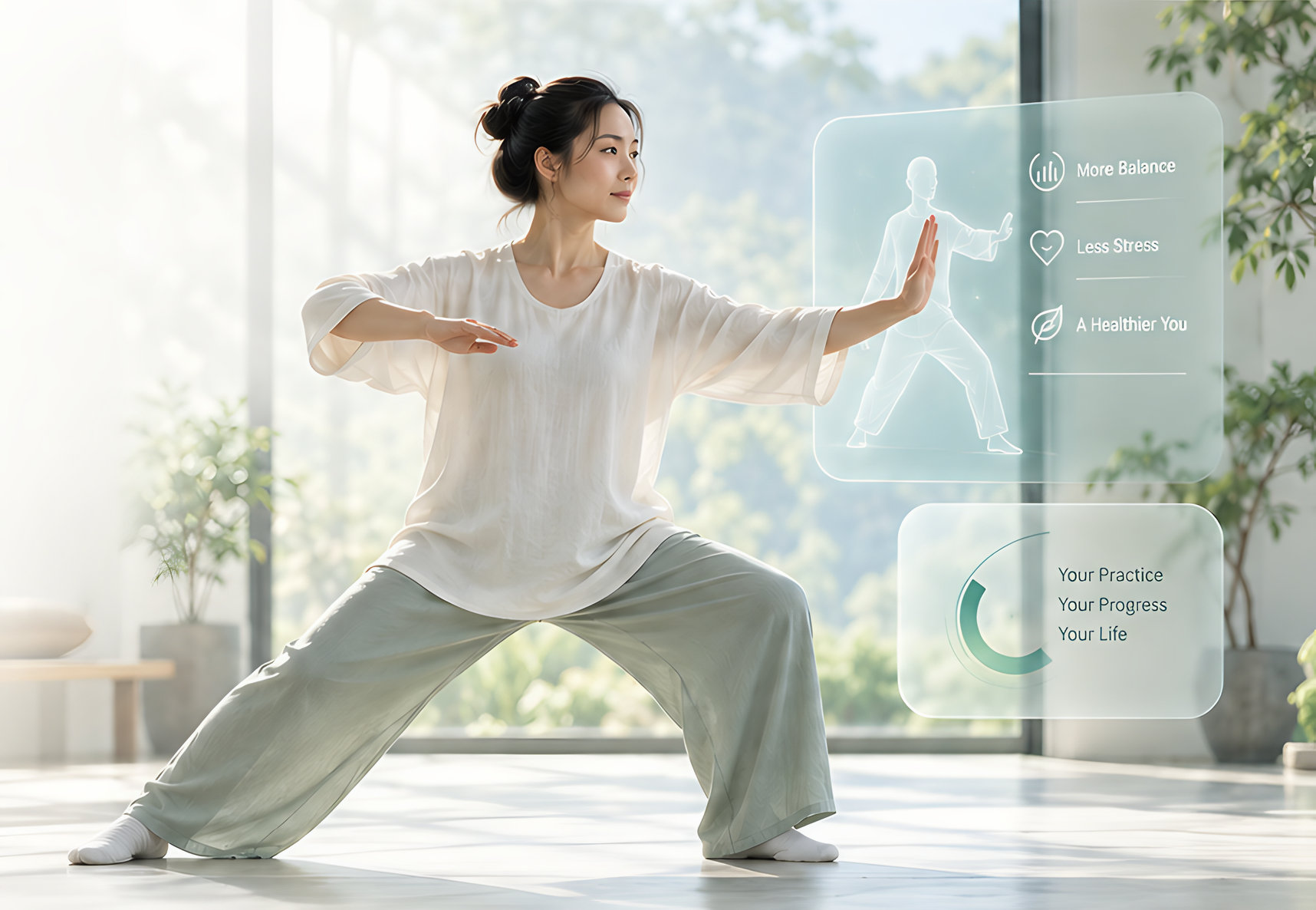 A person in a wide Tai Chi stance in a bright room, beside translucent practice panels (illustrative image)